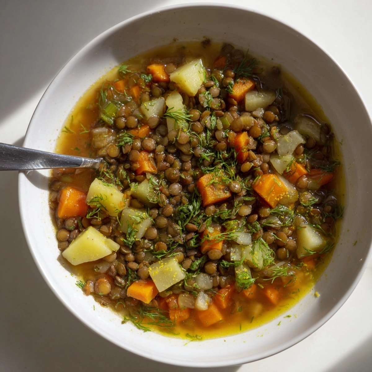 Homemade Classic Lentil and Herb Soup in a rustic pot, ready to serve.