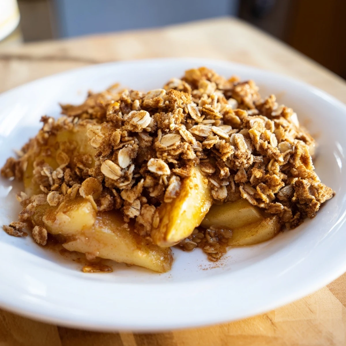 Freshly baked Warm Cinnamon Oat Apple Crisp, enticing with juicy apple slices and a buttery oat crisp.