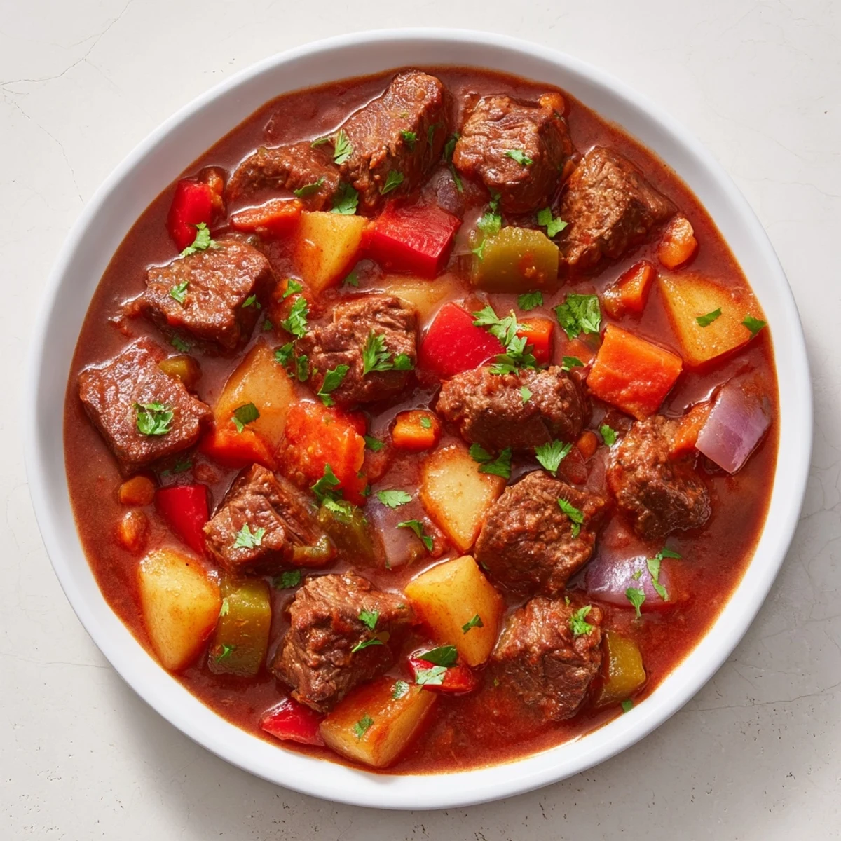 Steaming bowl of Smoked Paprika & Garlic Beef Stew, rich with tender beef and vegetables.