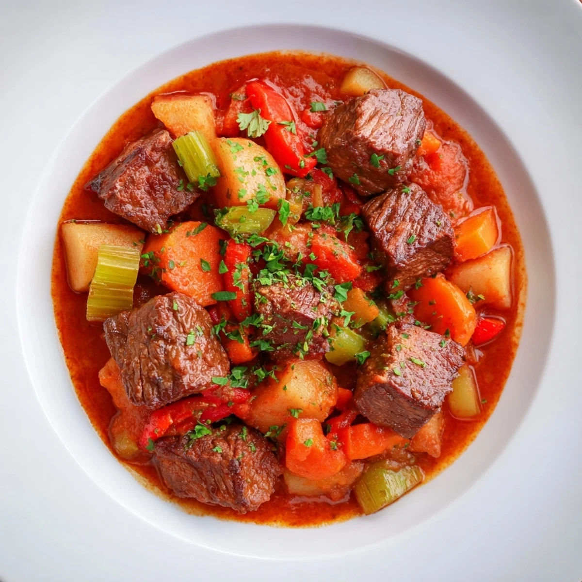 A close-up of a flavorful Smoked Paprika & Garlic Beef Stew with a warm, inviting aroma.