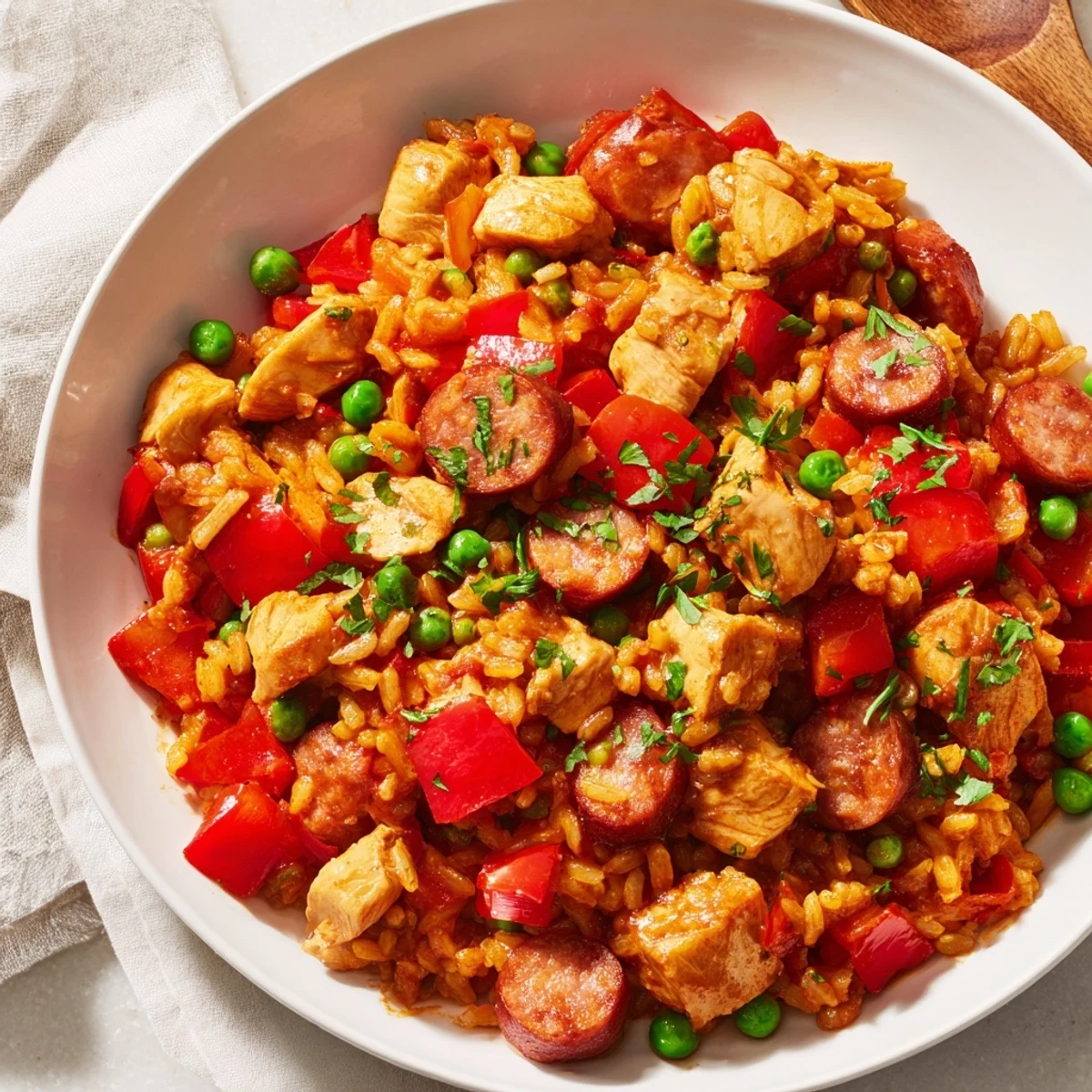 Chicken and Chorizo Rice Skillet, a colorful one-pan meal with fluffy rice and savory chorizo.