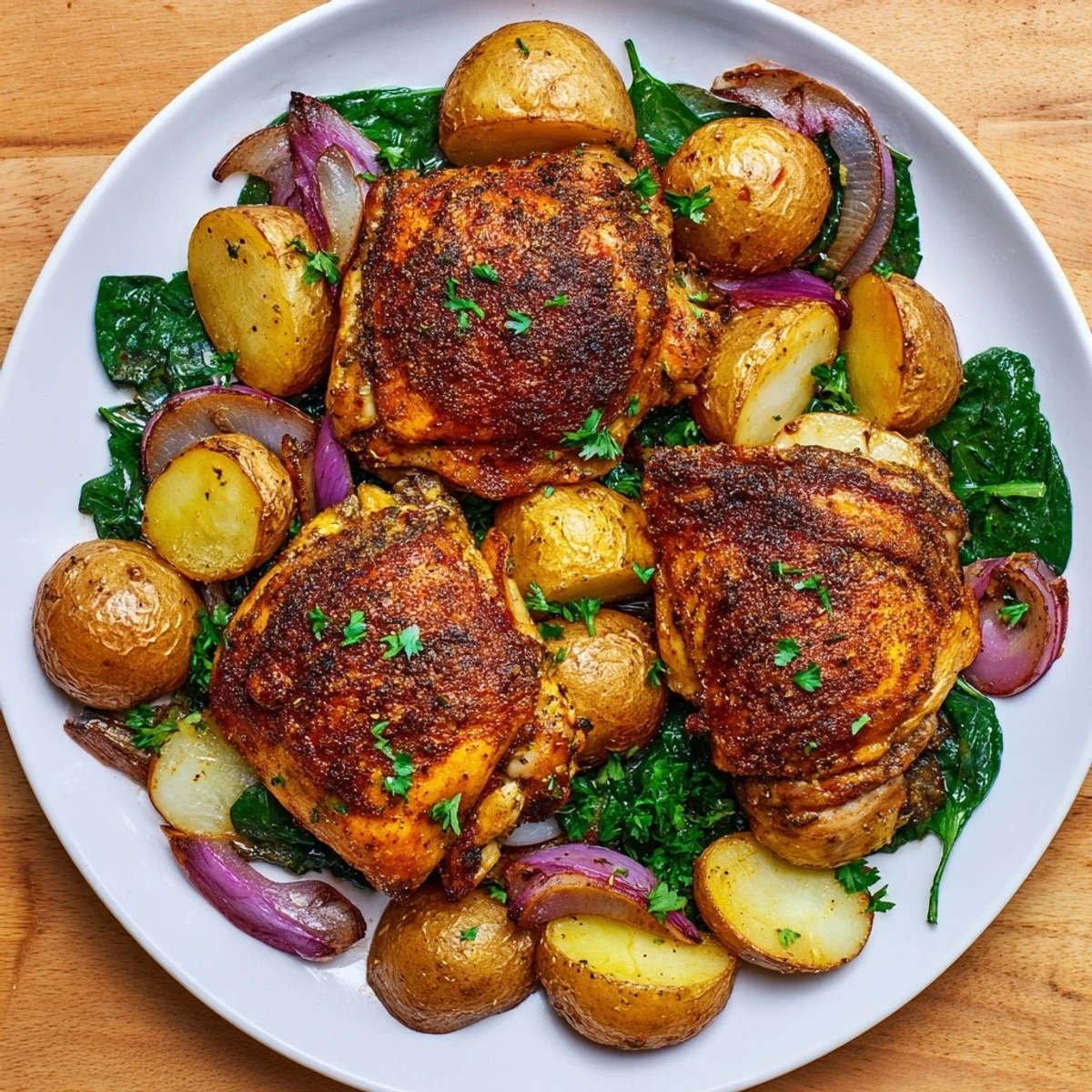 Golden, crispy pan-roasted chicken with zaatar, potatoes, and savory wilted spinach—a complete meal.