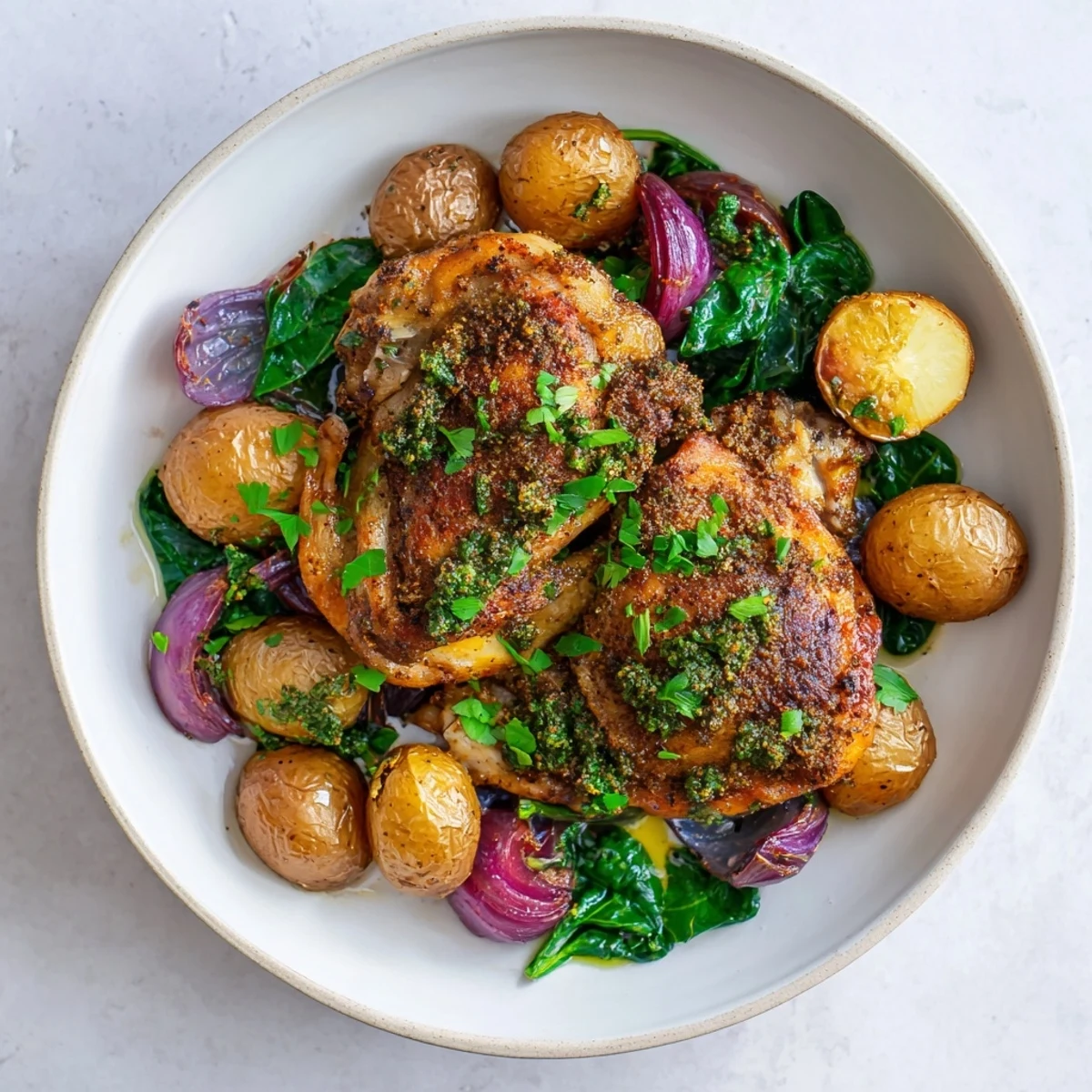 A close-up shot of the flavorful pan-roasted chicken with zaatar, alongside tender roasted potatoes and greens.