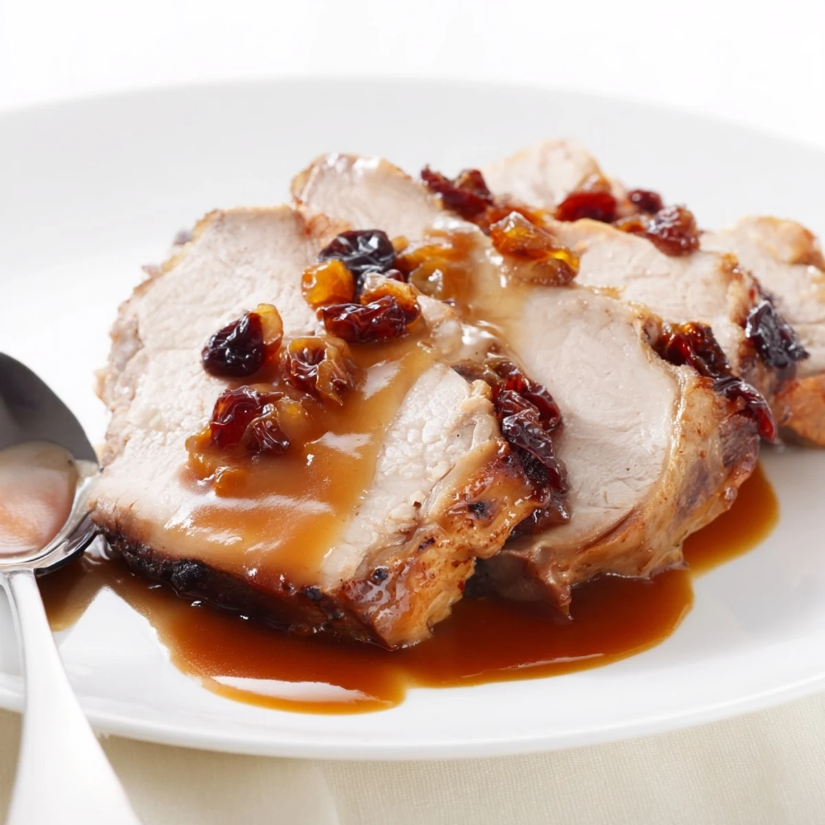 Close-up of hearty Sweet and Sour Sauerbraten, with pork sliced, glistening in sweet and sour gravy.