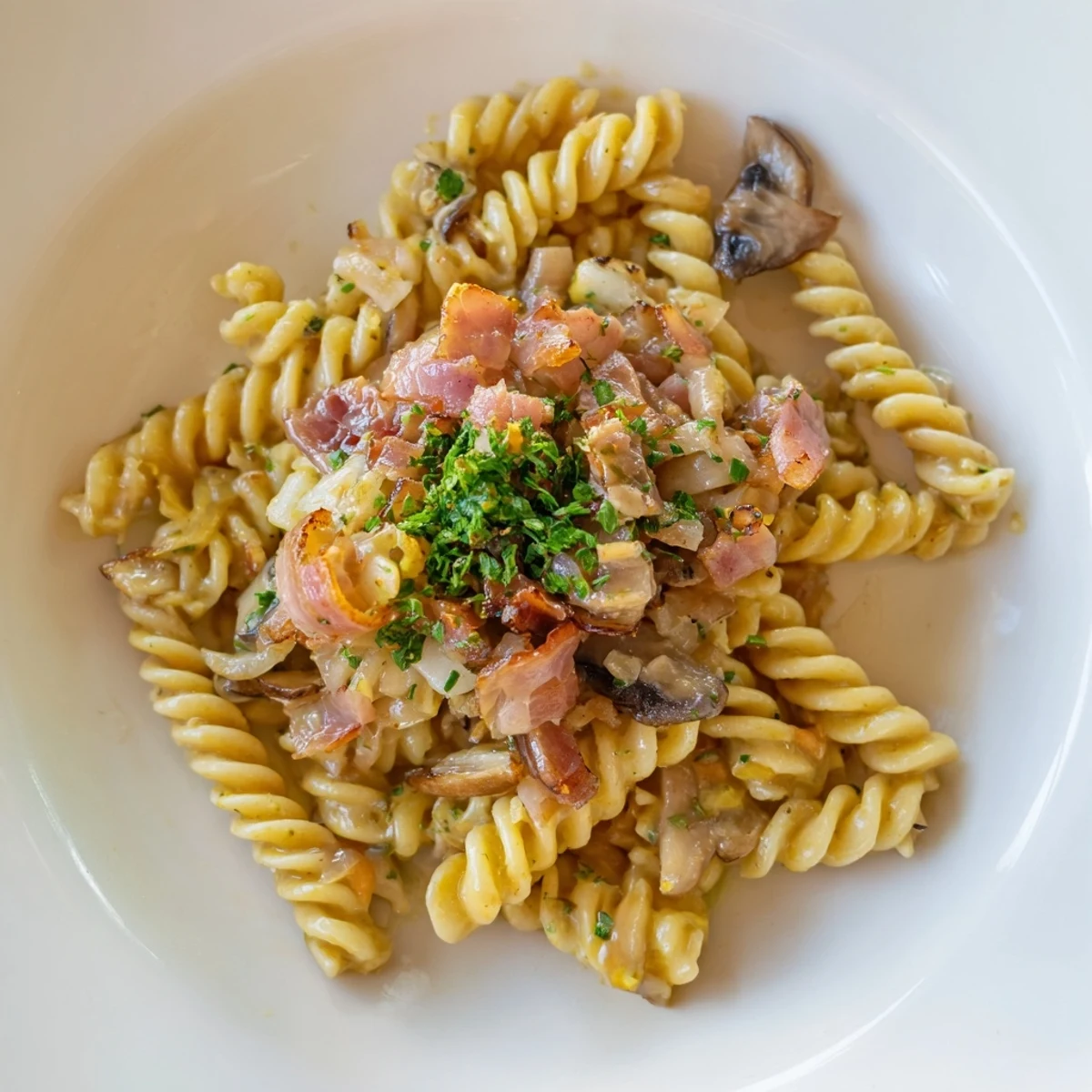 Savory fusilli with bacon, onions, and mushrooms: a close-up of the delicious pasta.