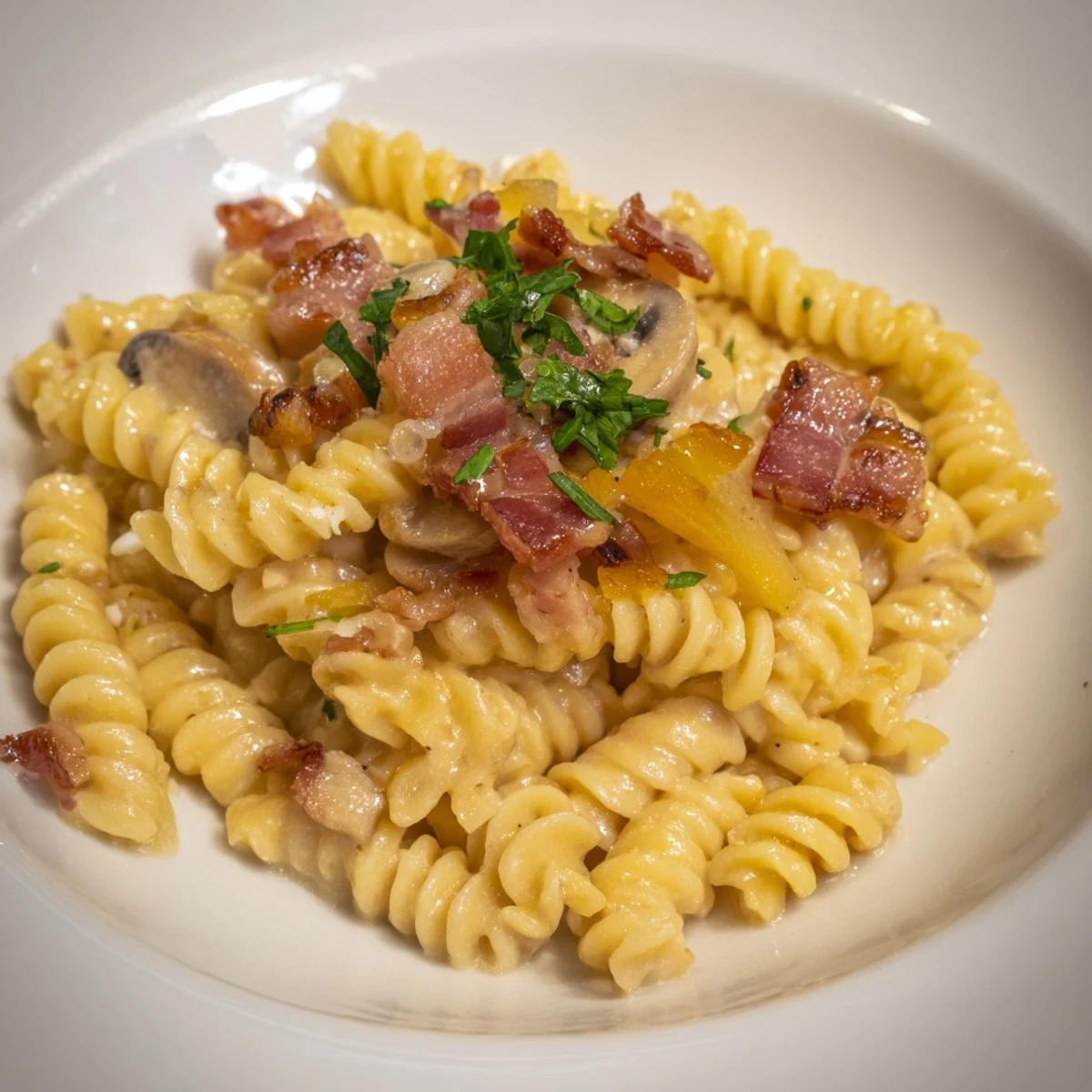 Steaming plate of fusilli with bacon, onions, and mushrooms ready to be enjoyed as a meal.