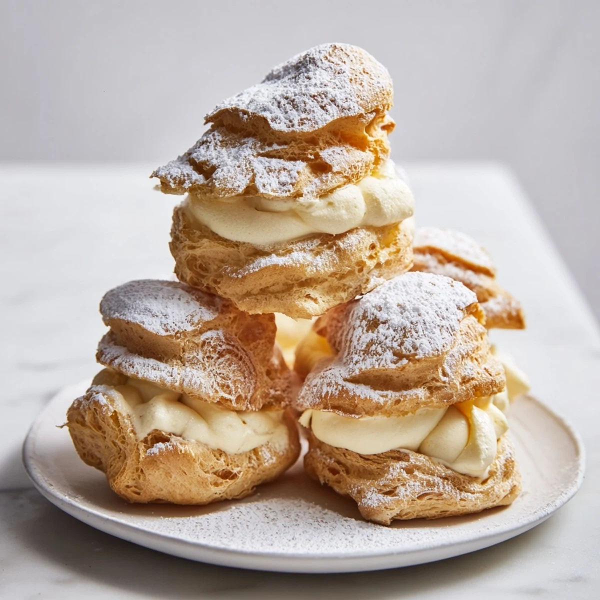 Golden, uneven peaks of the Chaos Karpatka dessert, dusted with powdered sugar, look divine.