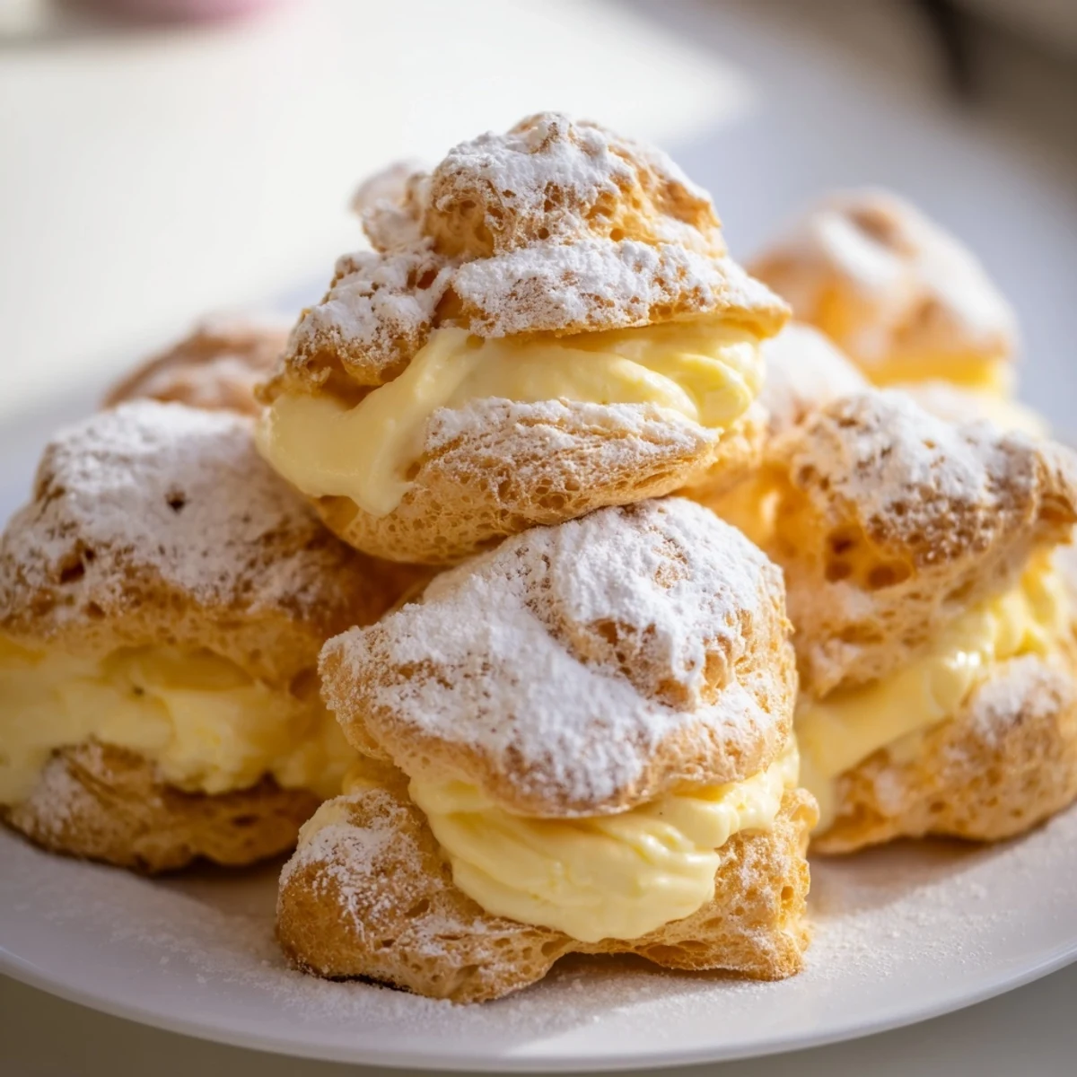 A close-up of Chaos Karpatka slices revealing creamy vanilla custard filling between the choux layers.