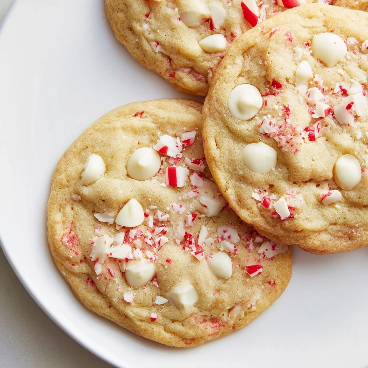 Close-up of golden-brown White Chocolate Peppermint Bark Cookies, showing bits of peppermint throughout the soft cookie.