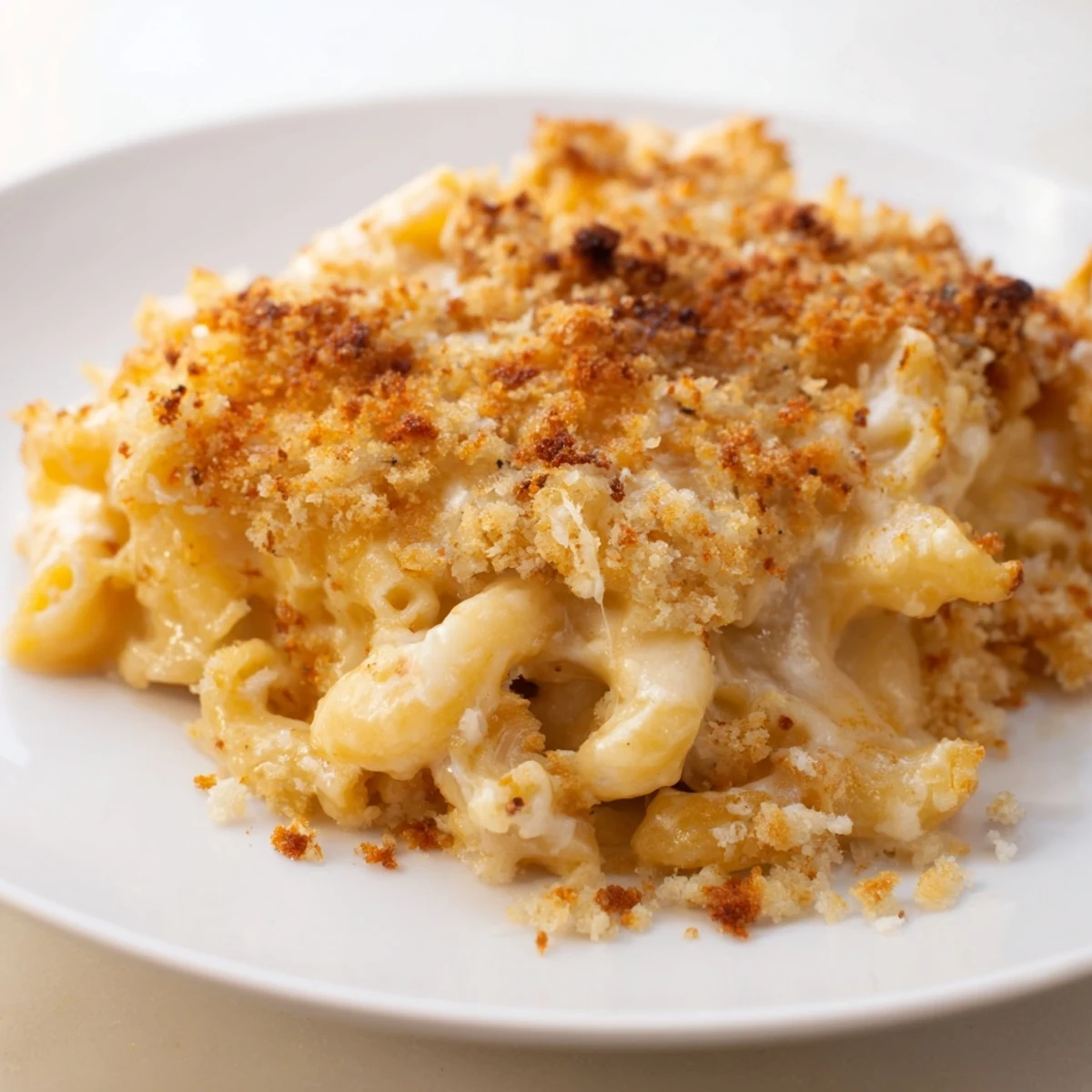 Golden, bubbly Old-Fashioned Baked Mac & Cheese with a crunchy topping ready to scoop.