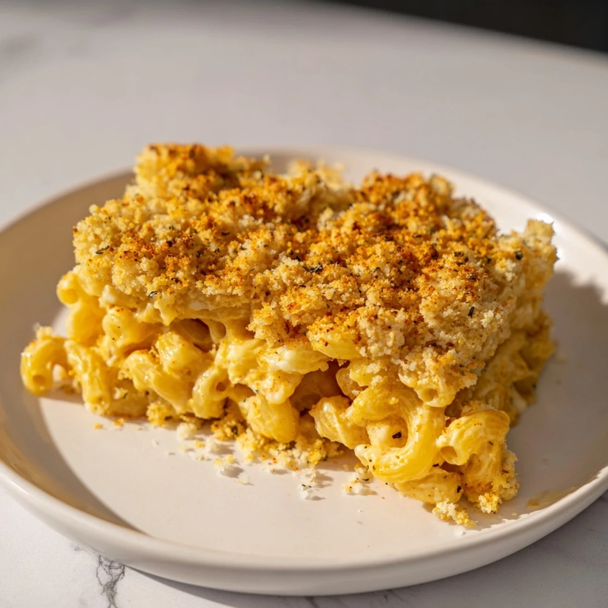 A steaming dish of Old-Fashioned Baked Mac & Cheese overflowing with creamy cheese sauce.