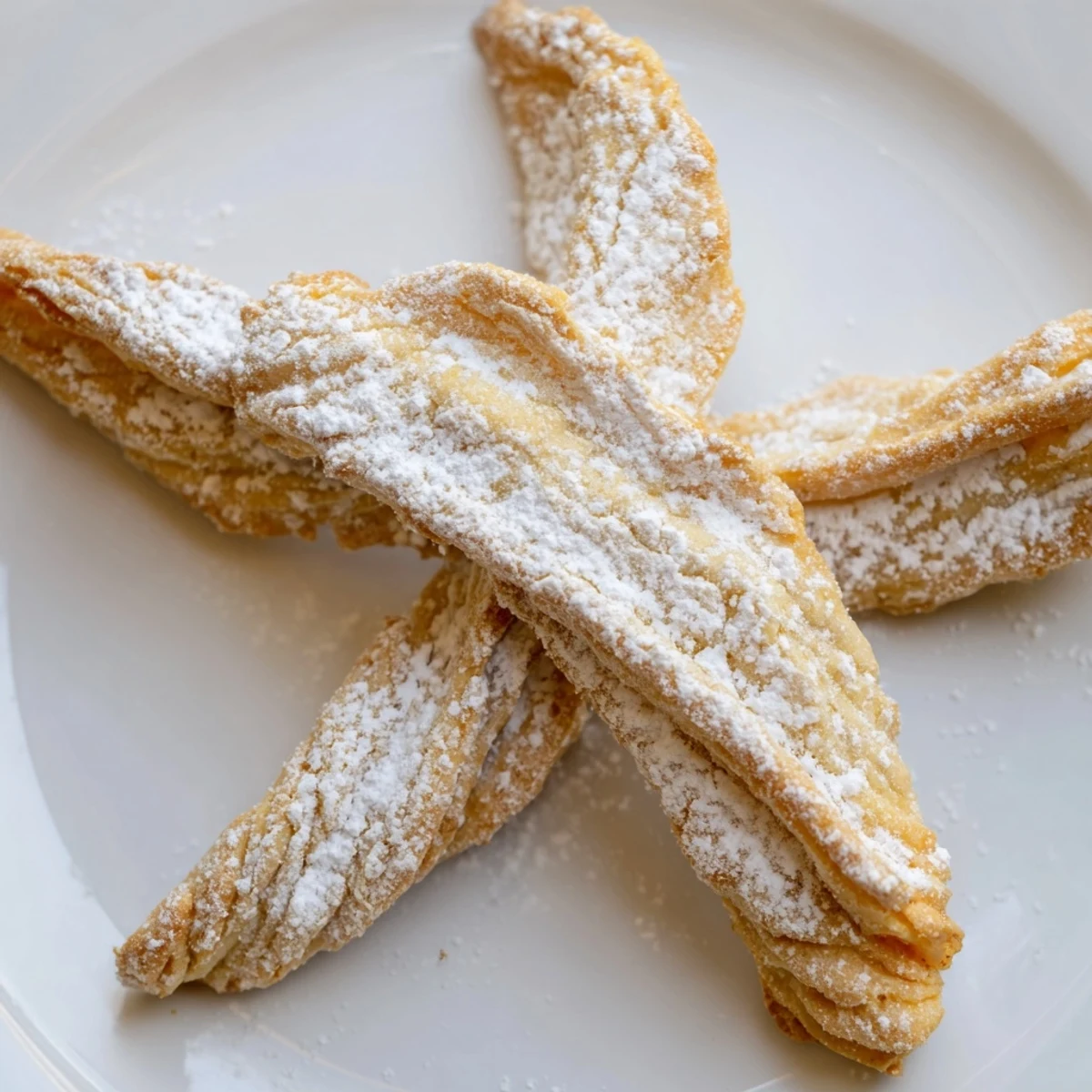 Golden, crispy 5-Minute Angel Wing Cookies, dusted with powdered sugar, ready for a delicious dessert.