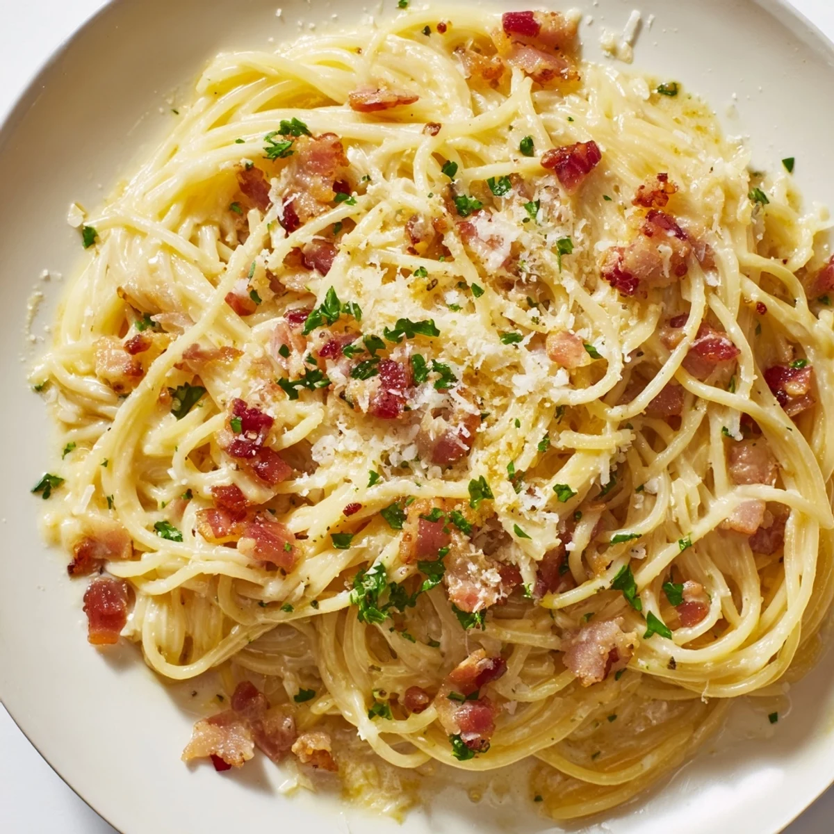 Golden strands of Instant Pot Carbonara Ramen, rich with creamy sauce and crispy bacon.