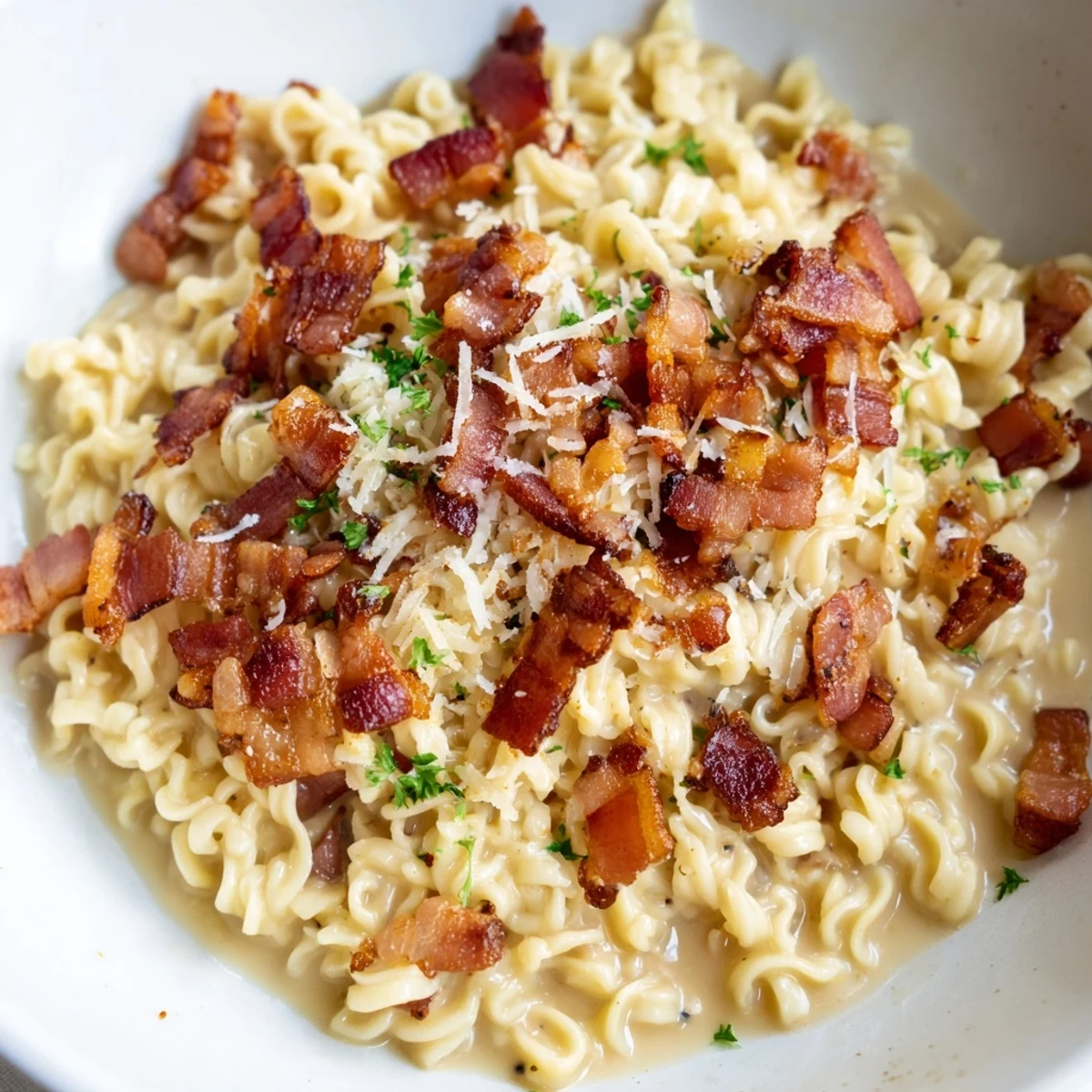 A close-up view of flavorful Instant Pot Carbonara Ramen, ready for a satisfying bite.