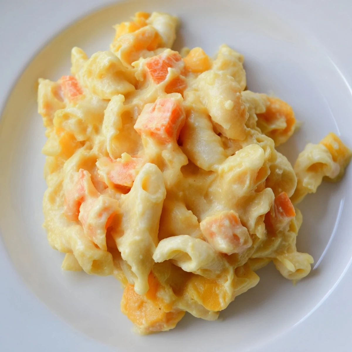 A single serving of One-Pot Butternut Squash Mac & Cheese, with a swirl of rich, cheesy sauce.