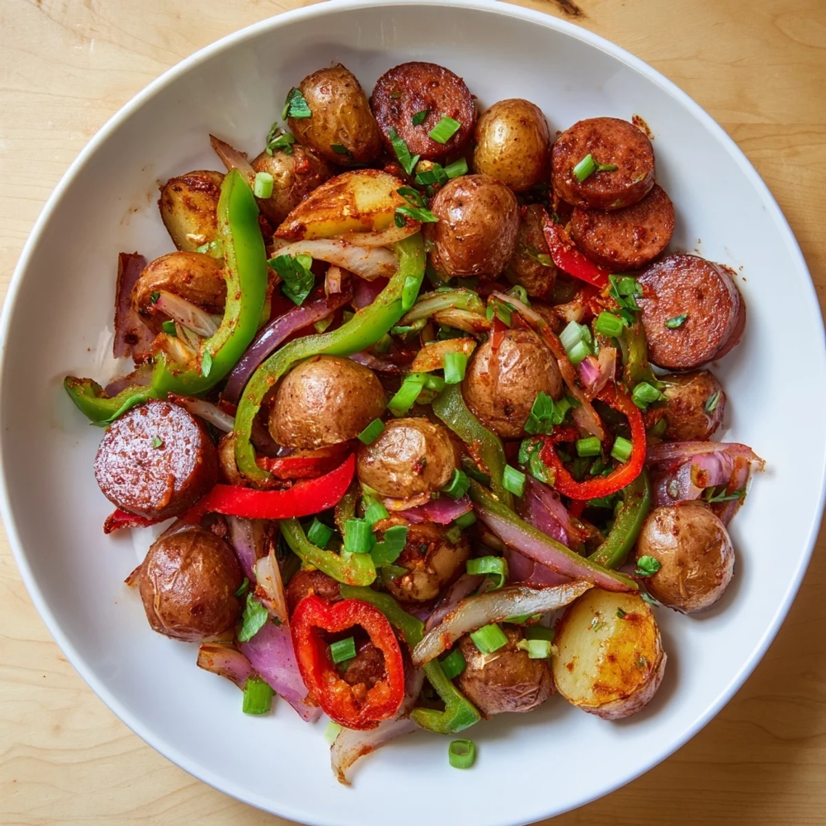 A rustic and delicious Spicy Kielbasa and Potato Skillet, ready to serve with fresh green onions and parsley.