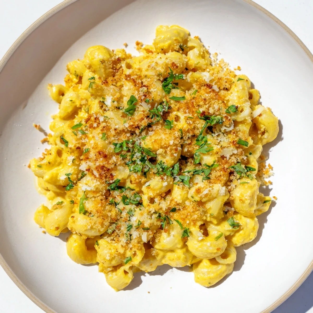 Vibrant yellow Curry Comfort Mac and Cheese bubbling hot, boasting a complex, delicious flavor profile.