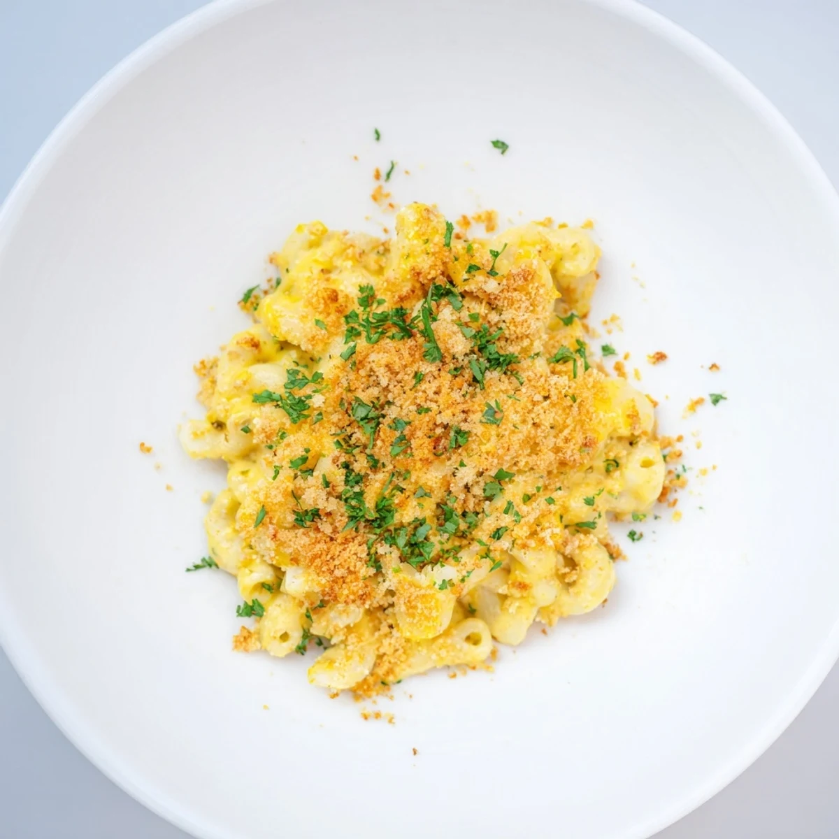 A steaming bowl of Curry Comfort Mac and Cheese, topped with golden breadcrumbs and fresh herbs.