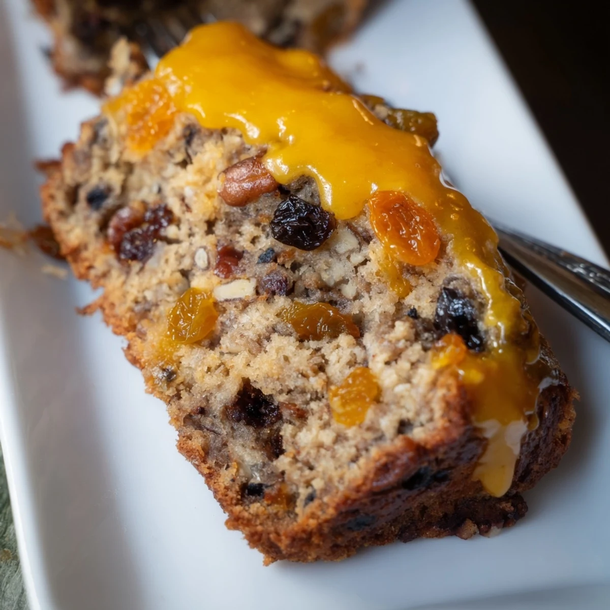Close-up of a rustic Easy Glazed Christmas Fruit Loaf Cake, beautifully glazed and ready to enjoy.
