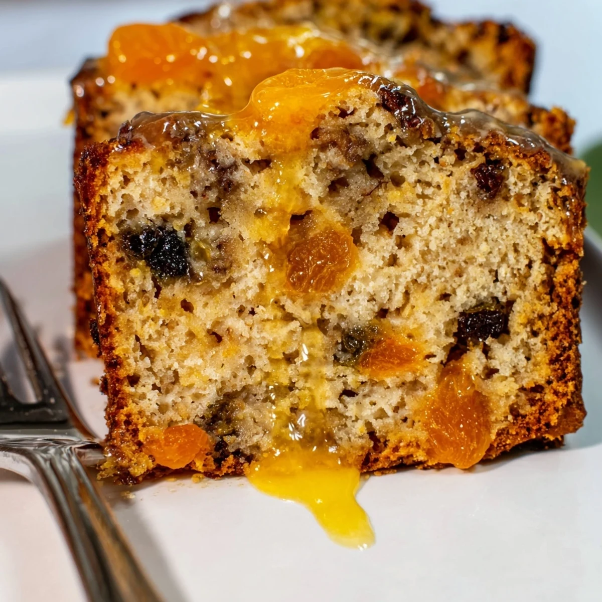 Moist Easy Glazed Christmas Fruit Loaf Cake slice, glistening with citrus glaze and packed with fruit.