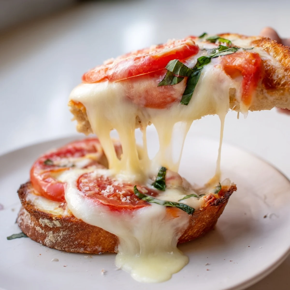 Freshly made Air Fryer Pizza Margherita Grilled Cheese, showcasing a gooey cheese pull and juicy tomato slices.