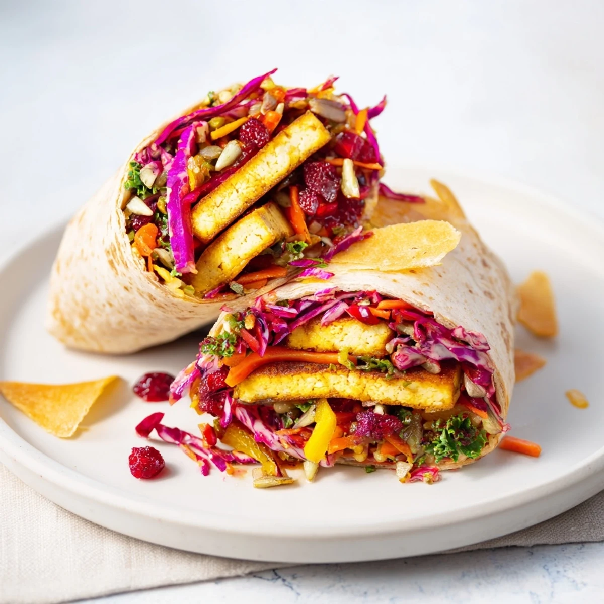 Golden-brown sweet chili tofu crunch wrap, bursting with colorful holiday slaw, ready to be devoured fresh.