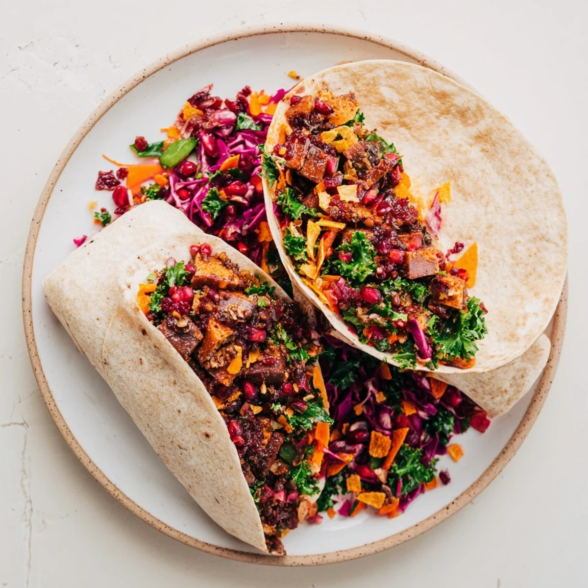 Crispy sweet chili tofu is nestled in a flavorful wrap with vibrant slaw for a tasty meal.