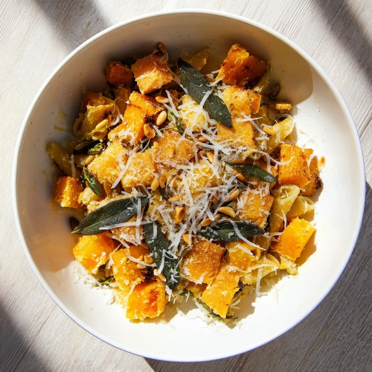Golden brown Butternut Squash & Sage Brown Butter Pasta, garnished with fresh sage, ready to serve.