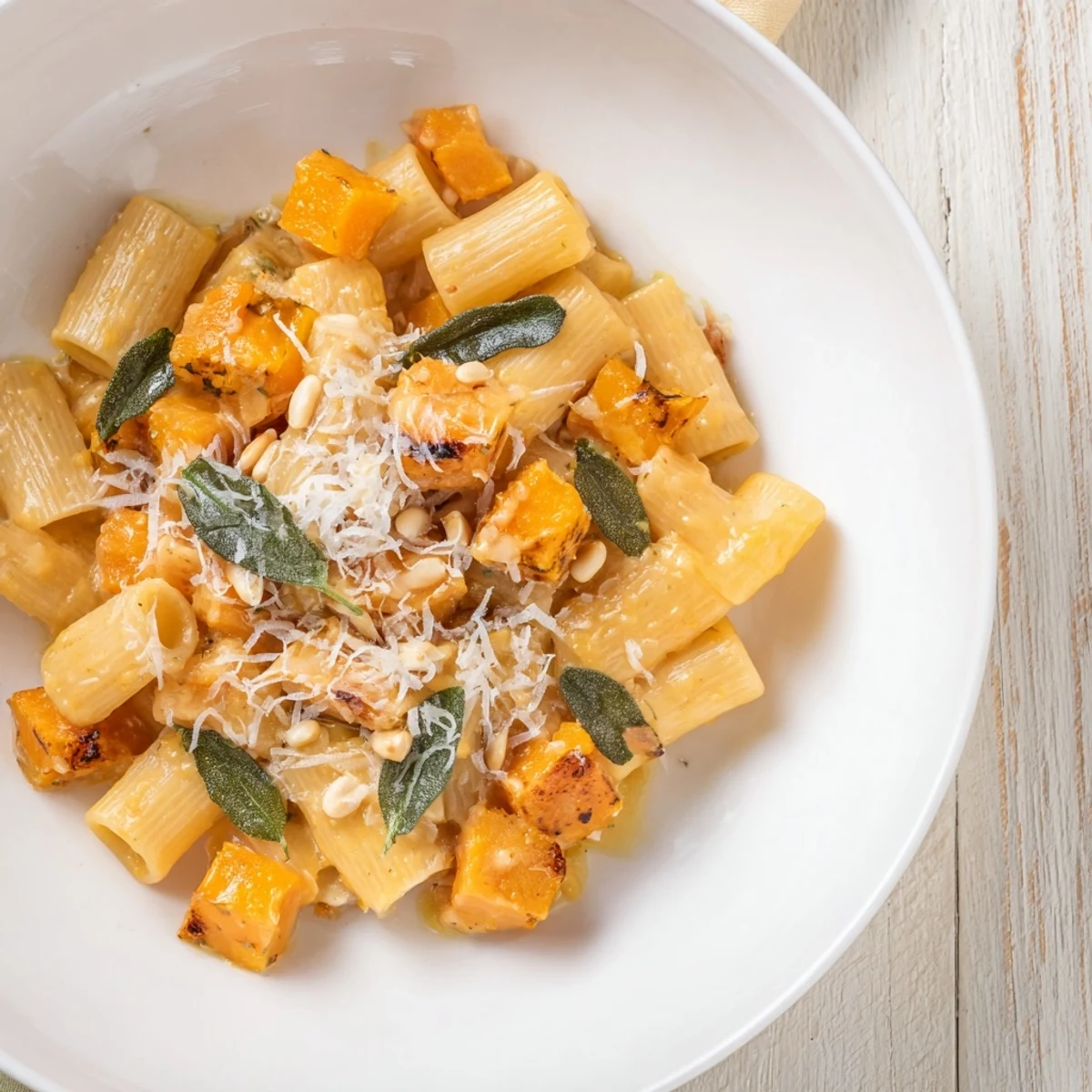 A warm plate of Butternut Squash & Sage Brown Butter Pasta, tossed with toasted pine nuts and Parmesan.