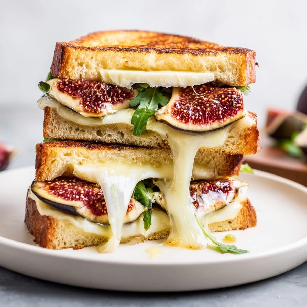 Picture of golden, melty Fig, Brie & Arugula Grilled Cheese, oozing delicious Brie and fig.