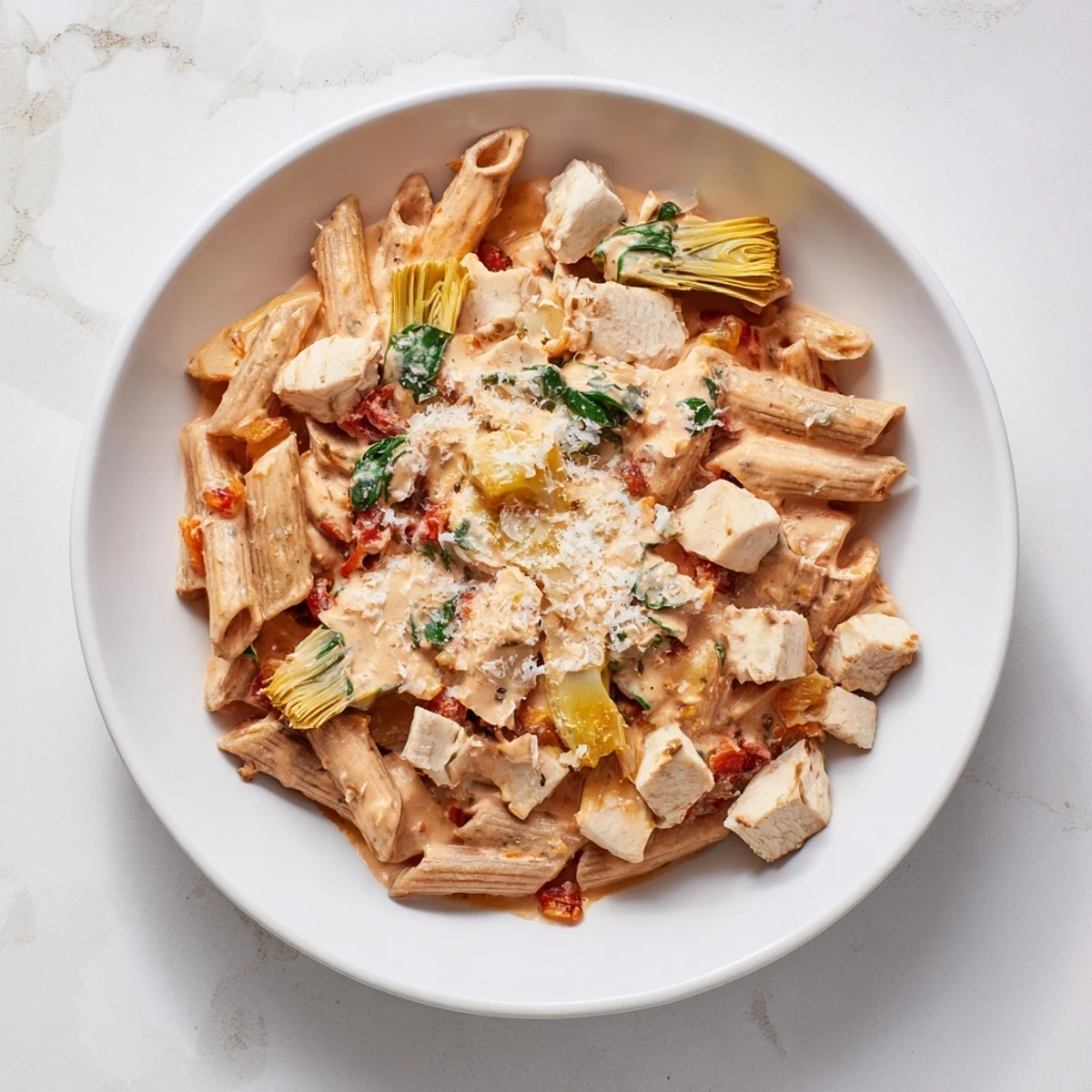 Creamy Spinach Artichoke Protein Pasta Skillet: a vibrant dish with spinach, artichokes, and protein, ready to enjoy.