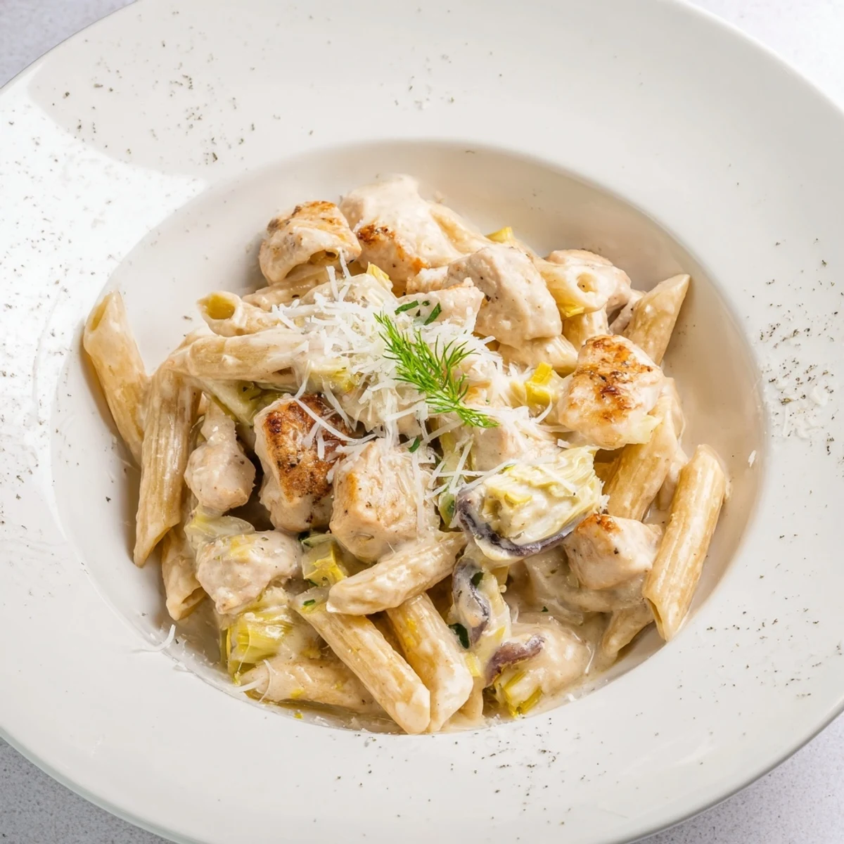 Sizzling Creamy Spinach Artichoke Protein Pasta Skillet, a one-pan meal with Parmesan cheese and herbs.