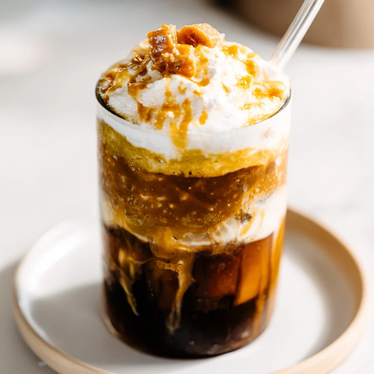 Iced Caramel Brulée Matcha Christmas Coffee Dupe, a layered, refreshing coffee drink bursting with holiday cheer.