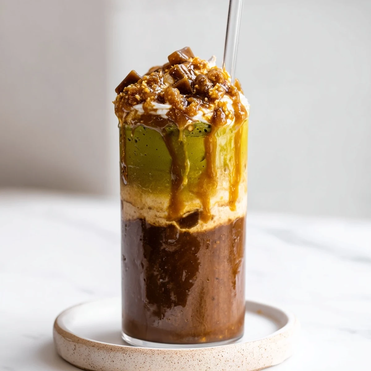 Golden, layered Caramel Brulée Iced Matcha Christmas Coffee Dupe topped with whipped cream and cinnamon; a delicious winter beverage.