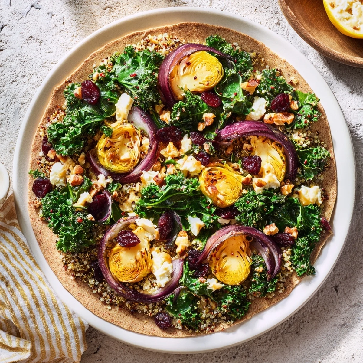 Golden-brown roasted Brussels sprouts and cranberry grain wrap, filled with colorful ingredients, ready to eat.