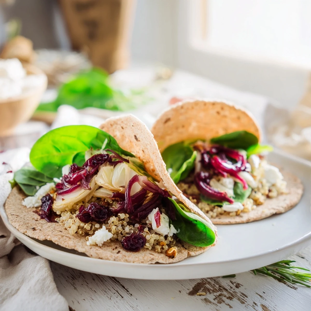 Perfectly assembled roasted Brussels sprouts and cranberry grain wrap with visible textures and a vegetarian meal depiction.