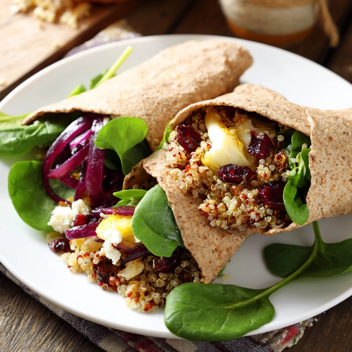 A close-up of a flavorful roasted Brussels sprouts & cranberry grain wrap, cut in half, inviting to taste.