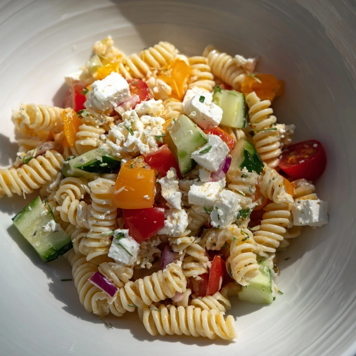 Creamy Greek Yogurt Million Dollar Christmas Pasta Salad with colorful vegetables, ready to serve.