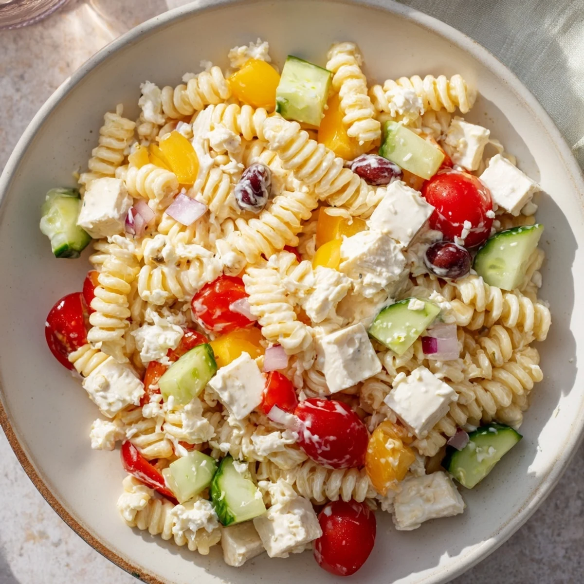 Festive Christmas Pasta Salad with a Greek yogurt dressing, piled high with fresh ingredients.