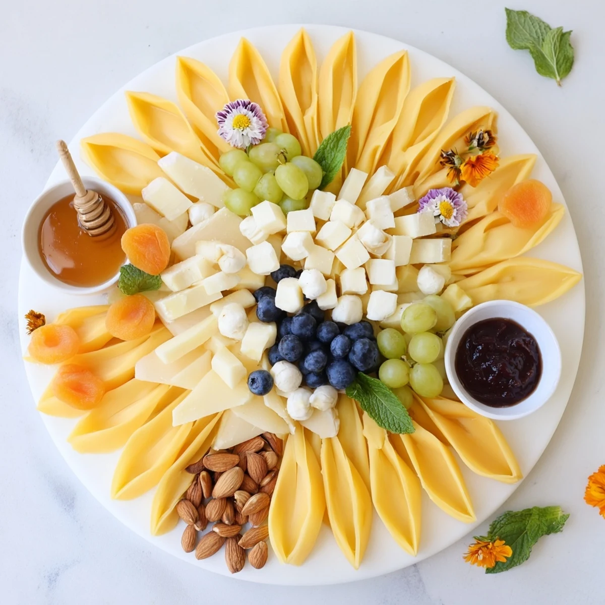 Vibrant Daffodil Cheese Board: Cheddar petals surround creamy brie, with fresh fruit and nuts for a beautiful appetizer.