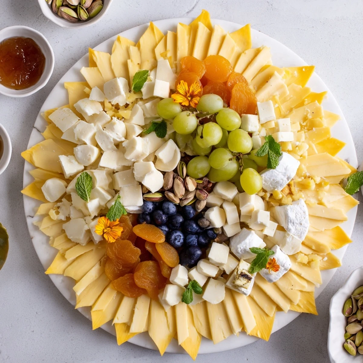 This artistic Daffodil Cheese Board presents a spring-inspired array of cheeses, crackers, and sweet treats ready to enjoy.