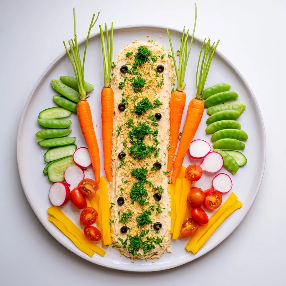 Visually stunning carrot patch veggie board featuring fresh carrots nestled in creamy hummus dip.
