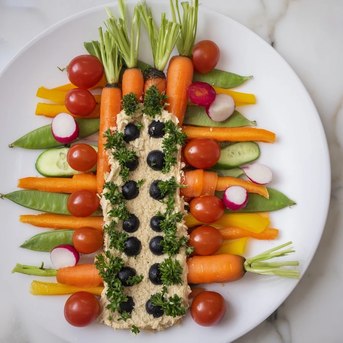 A vibrant carrot patch veggie board showcases colorful vegetables arranged on a platter, ready to enjoy.