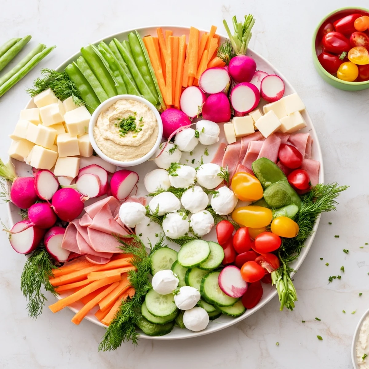 Colorful Spring Wreath Appetizer Platter boasts fresh vegetables, cheeses, and dips, perfect for spring entertaining.