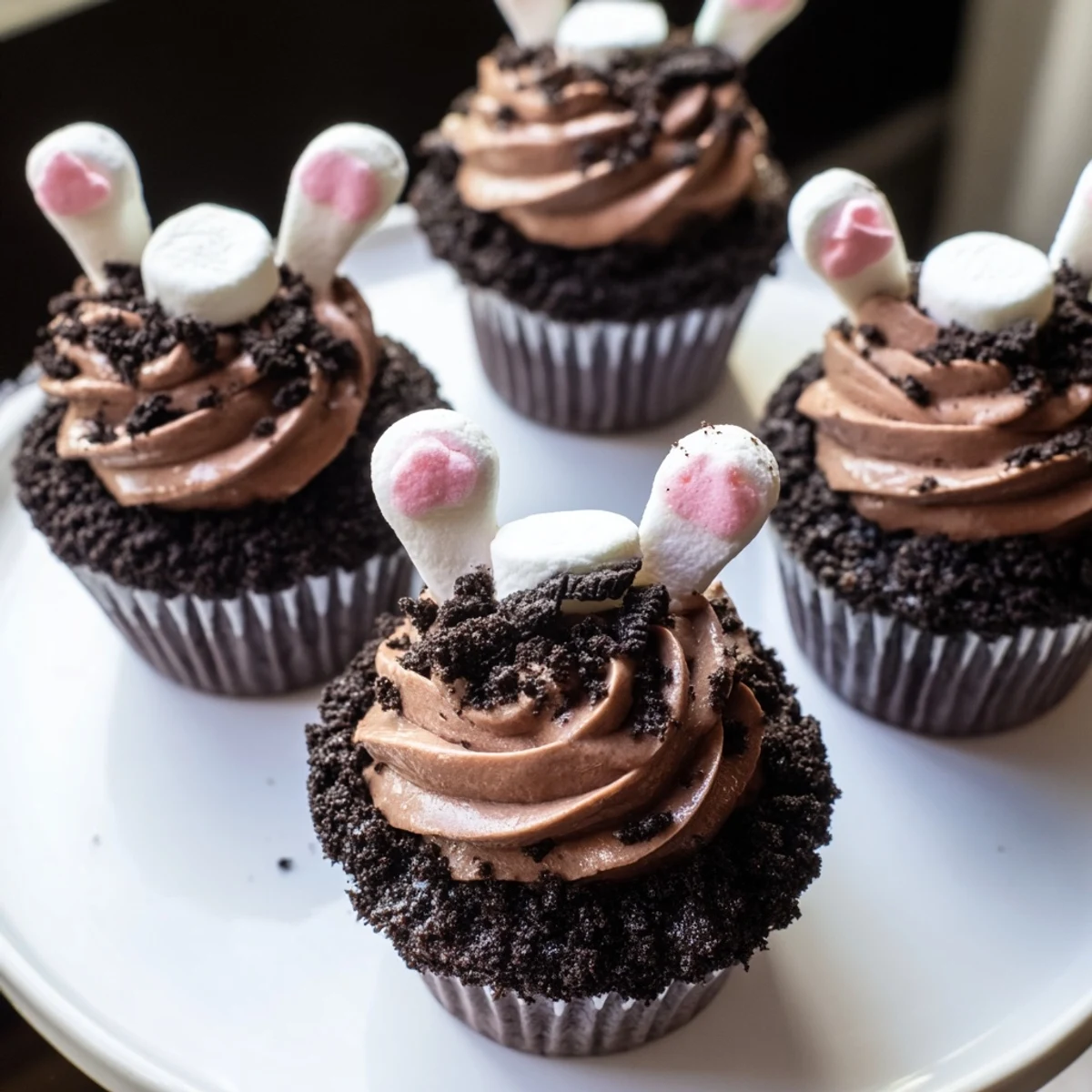 Bunny Burrow Cupcake Tray: delicious chocolate cupcakes with rich chocolate buttercream and cute bunny feet decorations.