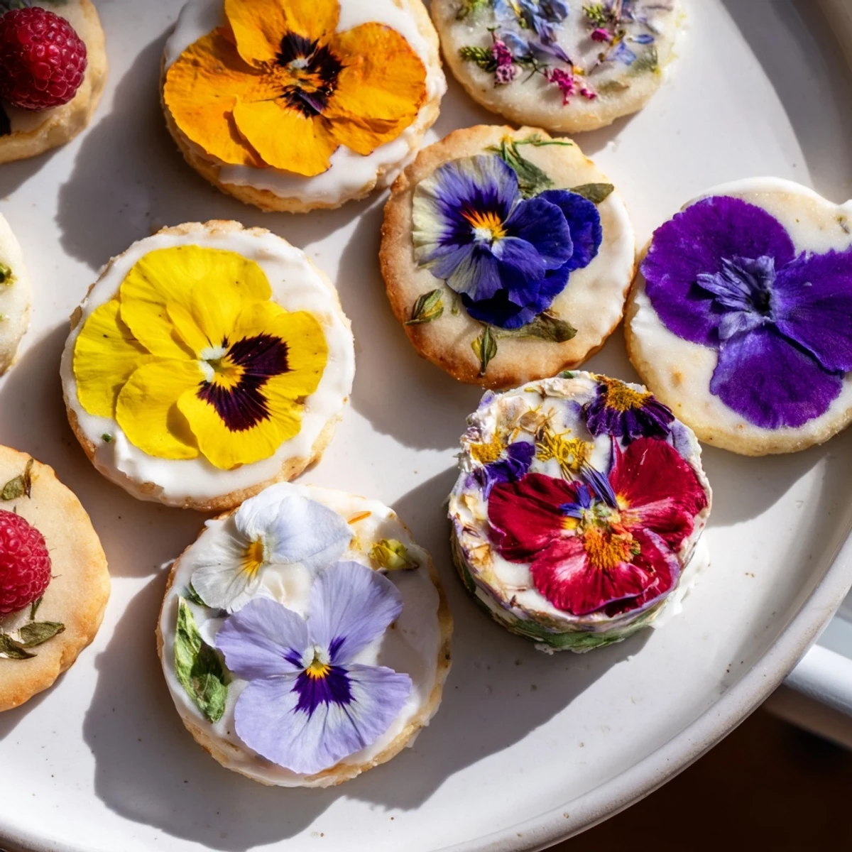 Spring Flower Dessert Tray overflowing with colorful shortbread cookies and mini cakes ready to eat.