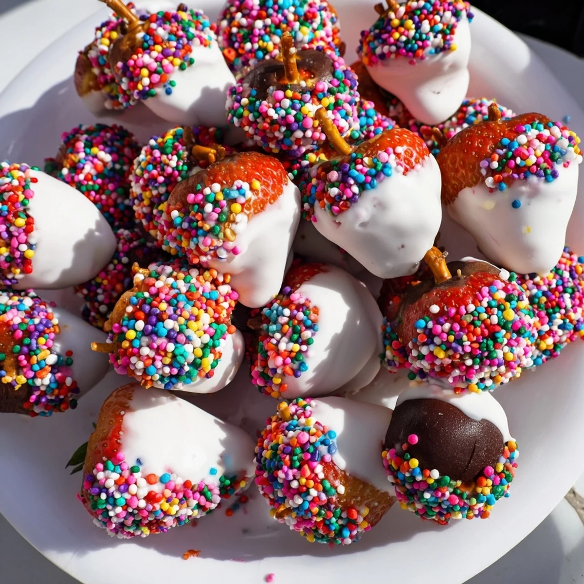 Vibrant Rainbow Sprinkle Party Board, overflowing with colorful treats dipped in chocolate for a fun party.