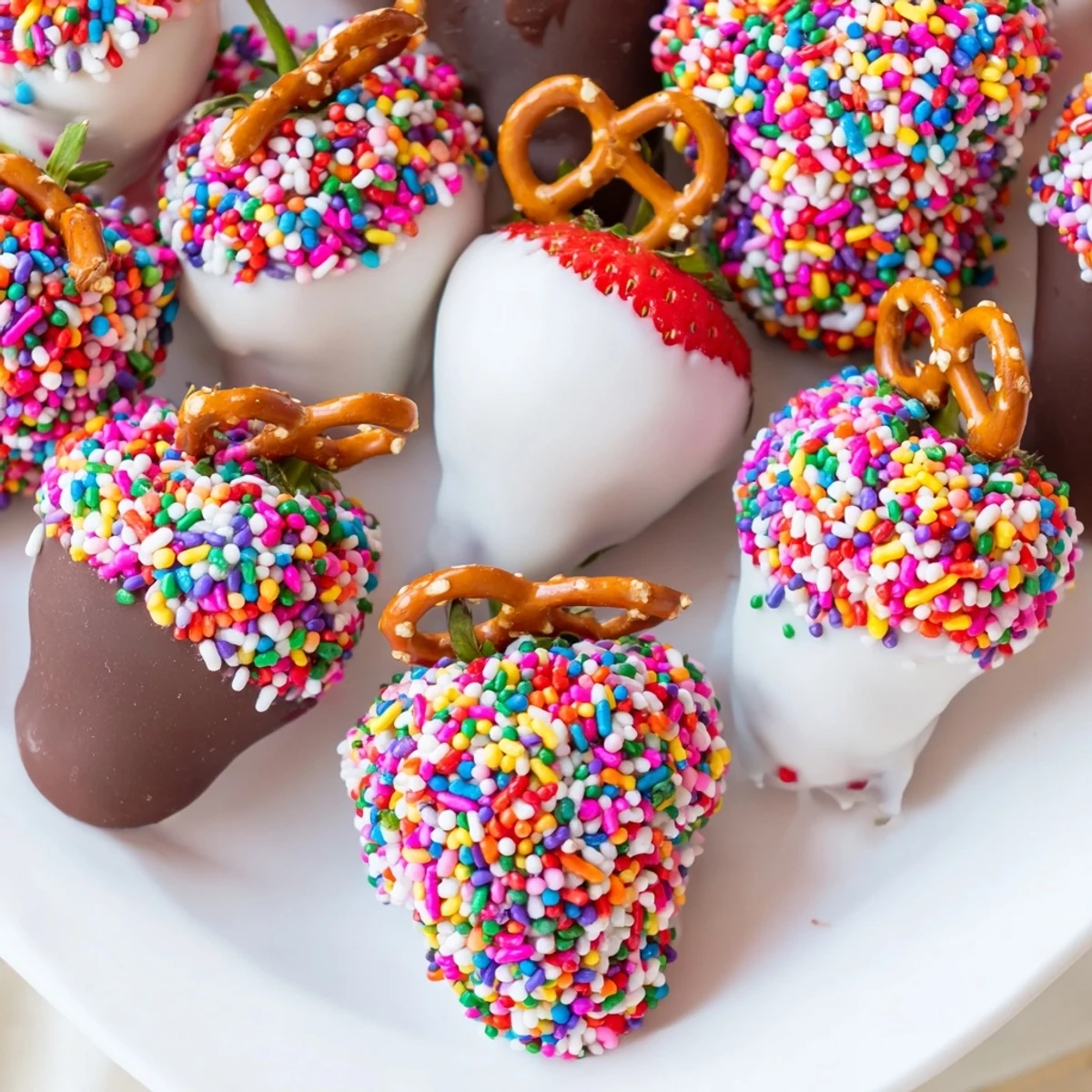 A close-up shot of a Rainbow Sprinkle Party Board, arranged with dipped fruits, cookies, and chocolate.