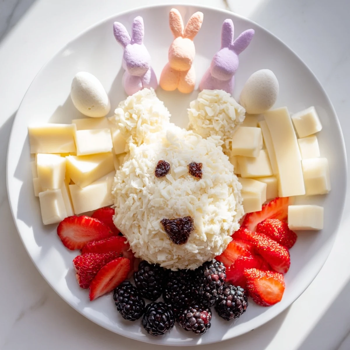 A visually stunning Bunny Ears Easter Board featuring creamy goat cheese nose and colorful veggie ears, delicious!