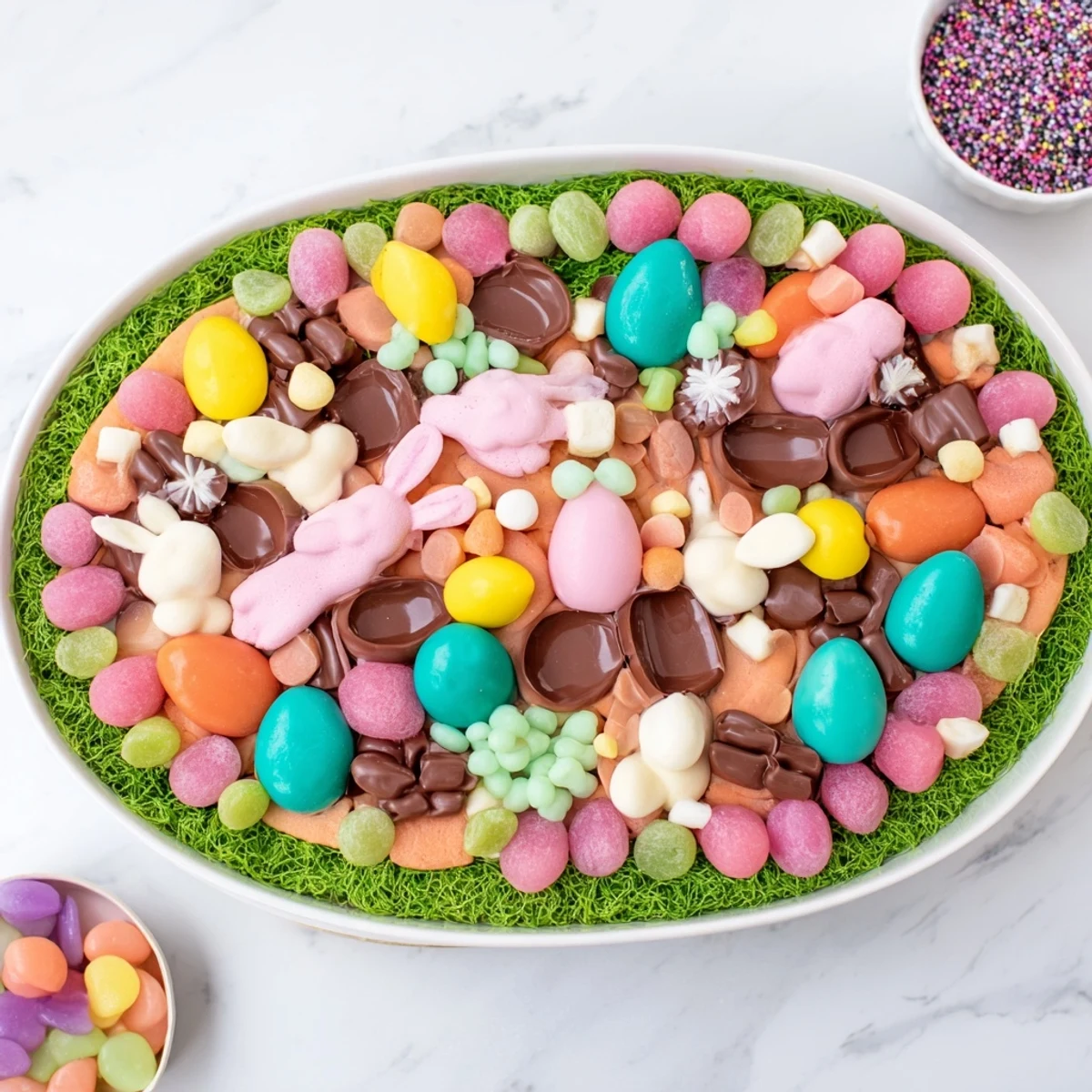 Vibrant Egg-Shaped Candy Platter filled with assorted sweets, perfect for any Easter celebration.